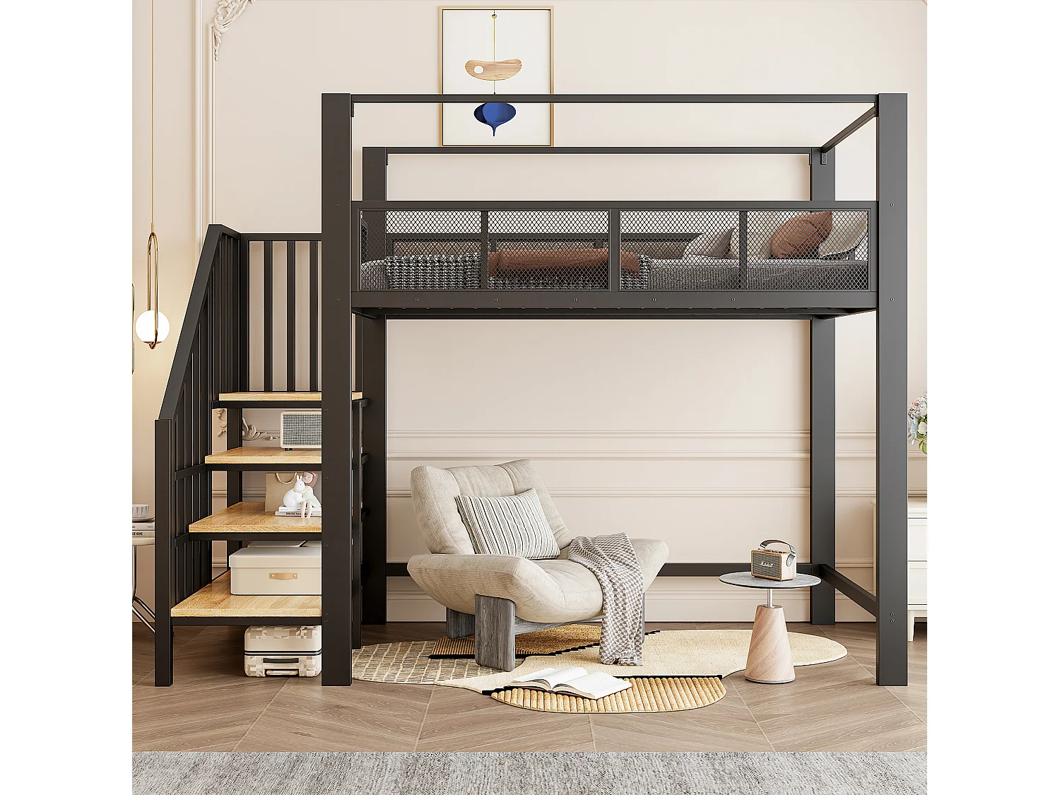 Lit mezzanine 90 x 200 cm avec escalier de rangement et barrière de sécurité - Métal + MDF - Noir (Sans matelas)