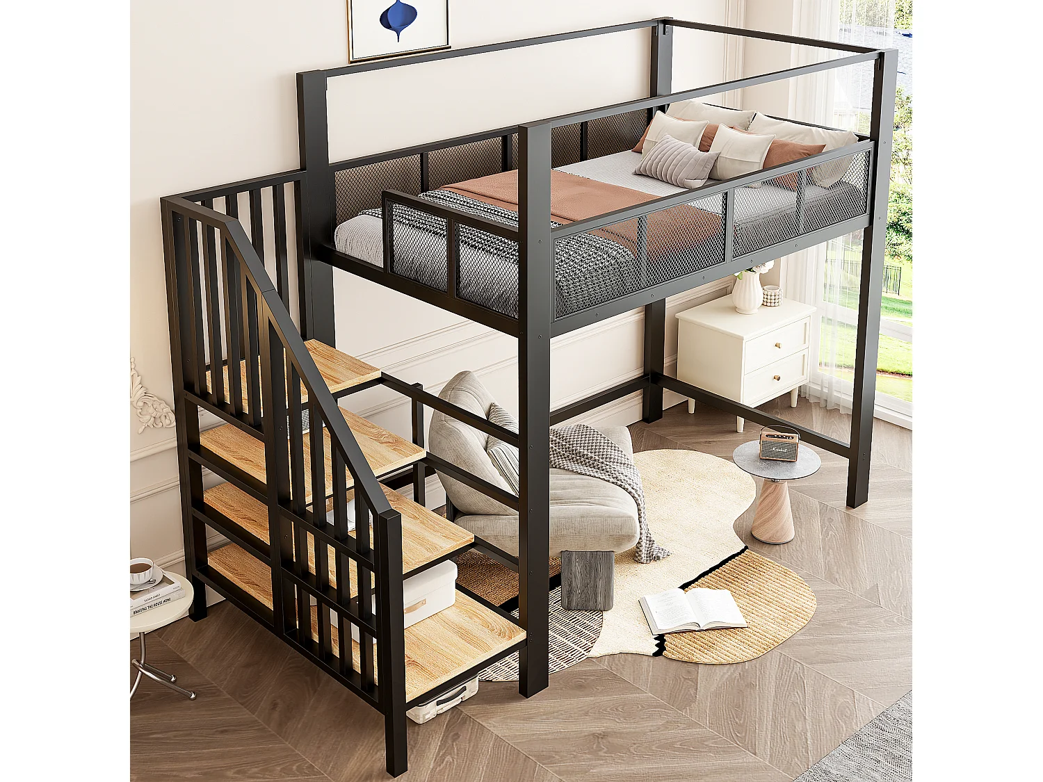 Lit mezzanine 90 x 200 cm avec escalier de rangement et barrière de sécurité - Métal + MDF - Noir (Sans matelas)