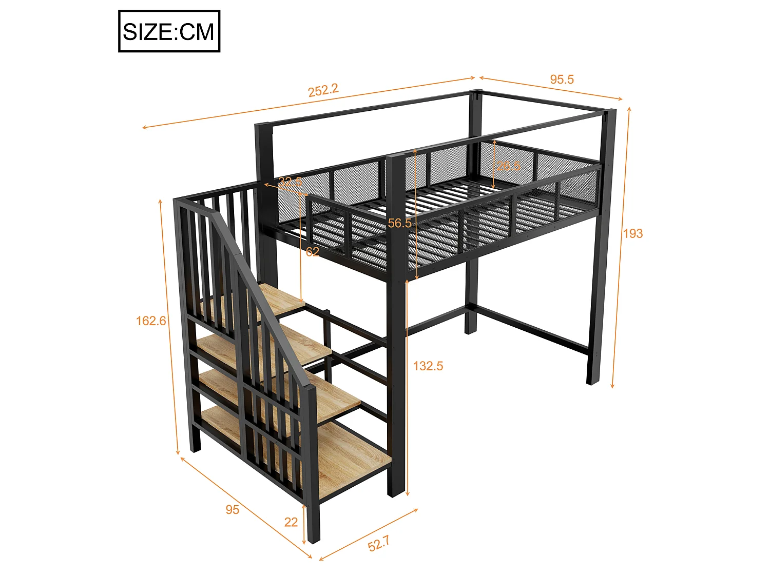 Lit mezzanine 90 x 200 cm avec escalier de rangement et barrière de sécurité - Métal + MDF - Noir (Sans matelas)