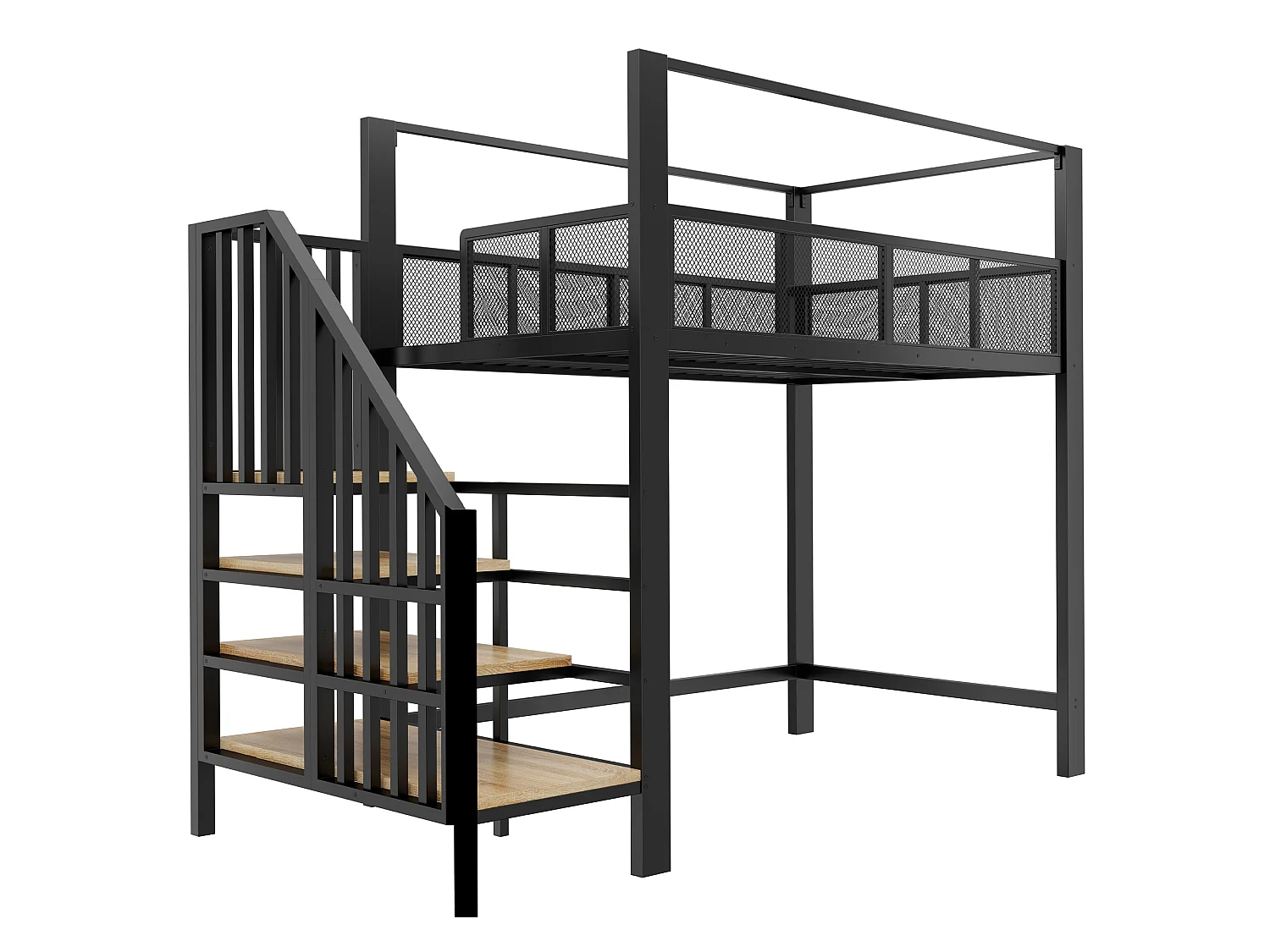 Lit mezzanine 90 x 200 cm avec escalier de rangement et barrière de sécurité - Métal + MDF - Noir (Sans matelas)