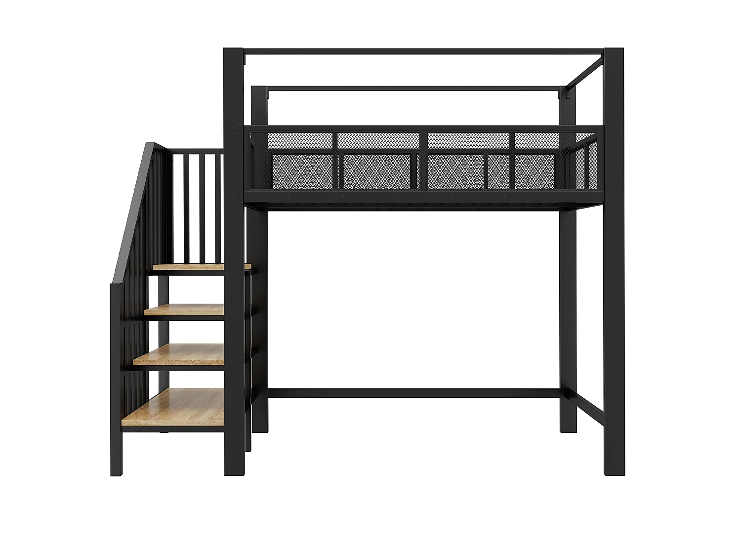 Lit mezzanine 90 x 200 cm avec escalier de rangement et barrière de sécurité - Métal + MDF - Noir (Sans matelas)