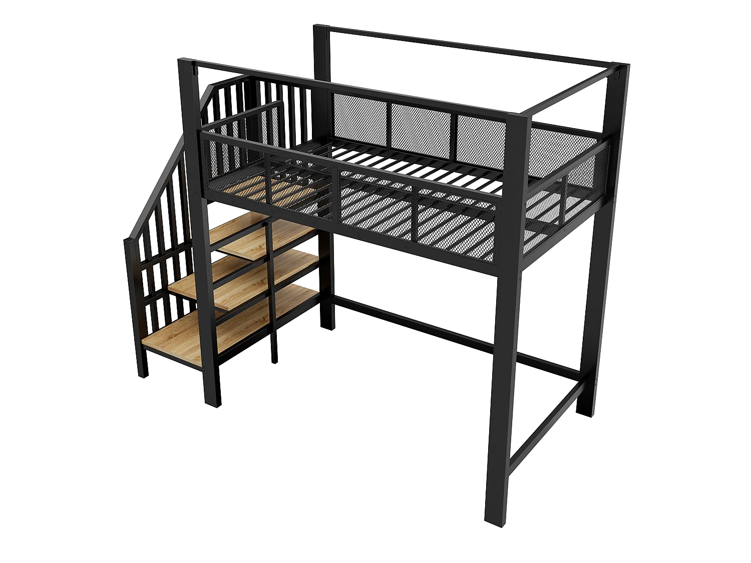 Lit mezzanine 90 x 200 cm avec escalier de rangement et barrière de sécurité - Métal + MDF - Noir (Sans matelas)