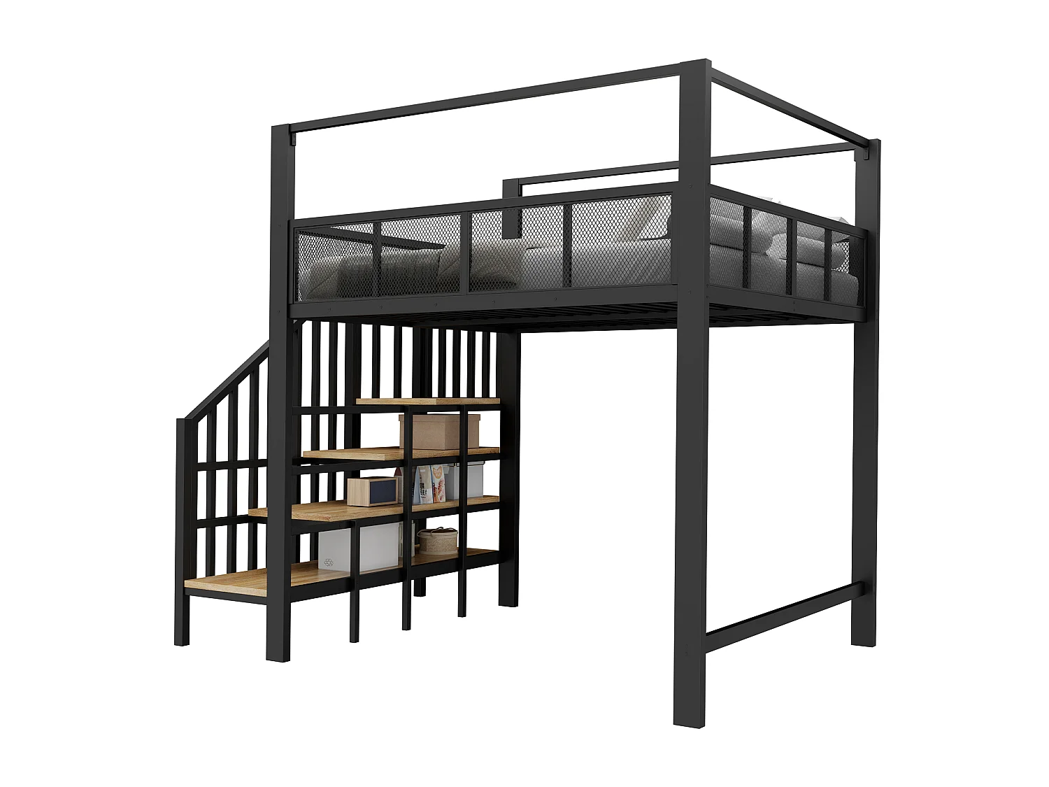 Lit mezzanine 90 x 200 cm avec escalier de rangement et barrière de sécurité - Métal + MDF - Noir (Sans matelas)
