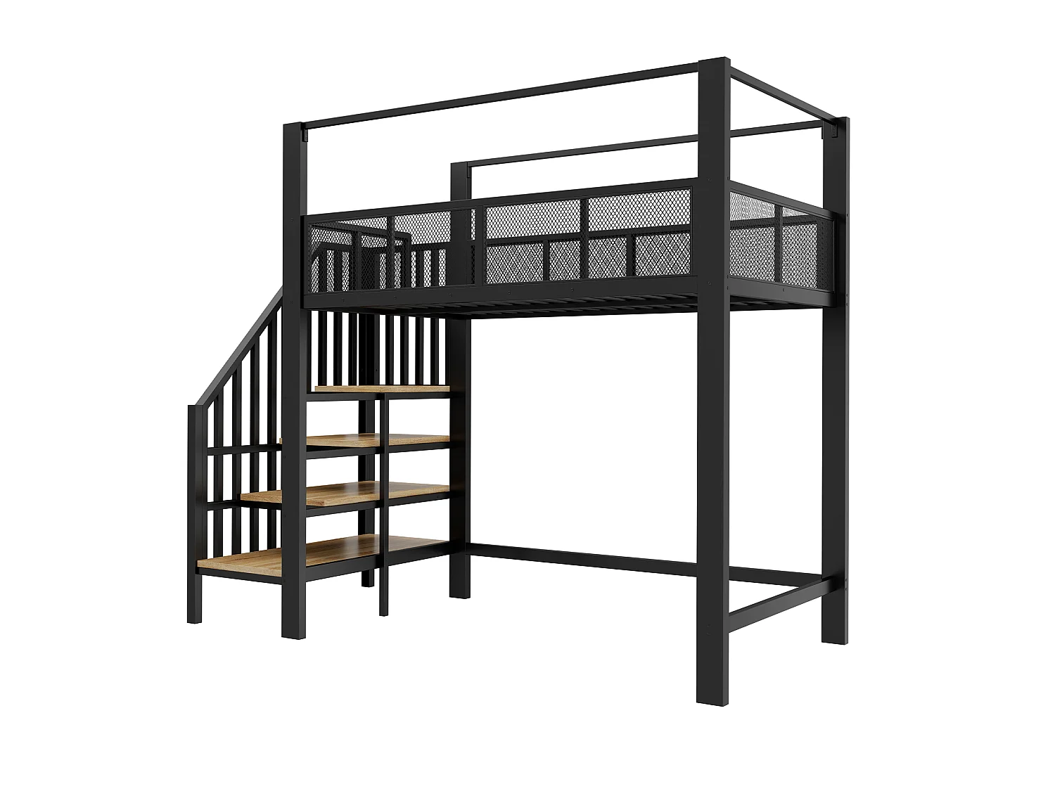 Lit mezzanine 90 x 200 cm avec escalier de rangement et barrière de sécurité - Métal + MDF - Noir (Sans matelas)