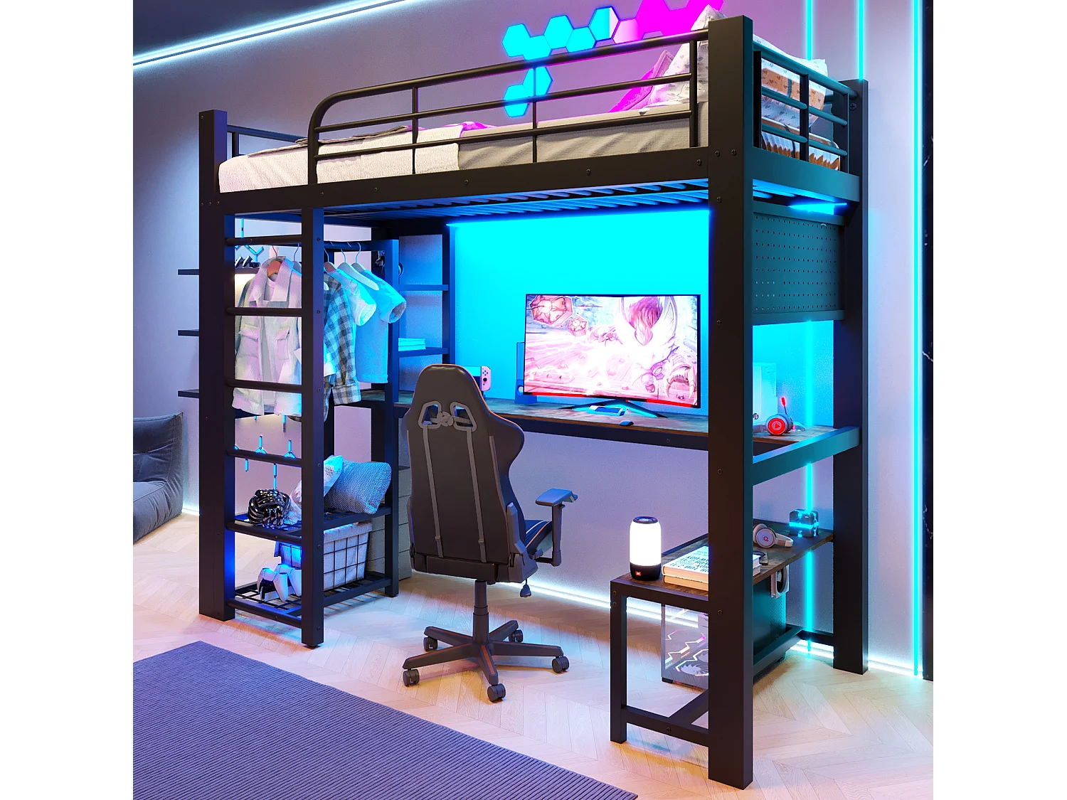 Gaming hoogslaper 90 x 200 cm met bureau, kledingkast, gereedschapsbord en ledverlichting - Metaal - Zwart (Matras niet inbegrepen)