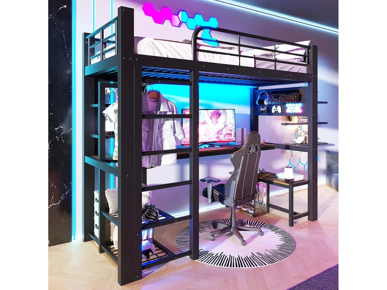 Gaming hoogslaper 90 x 200 cm met bureau, kledingkast, gereedschapsbord en ledverlichting - Metaal - Zwart (Matras niet inbegrepen)