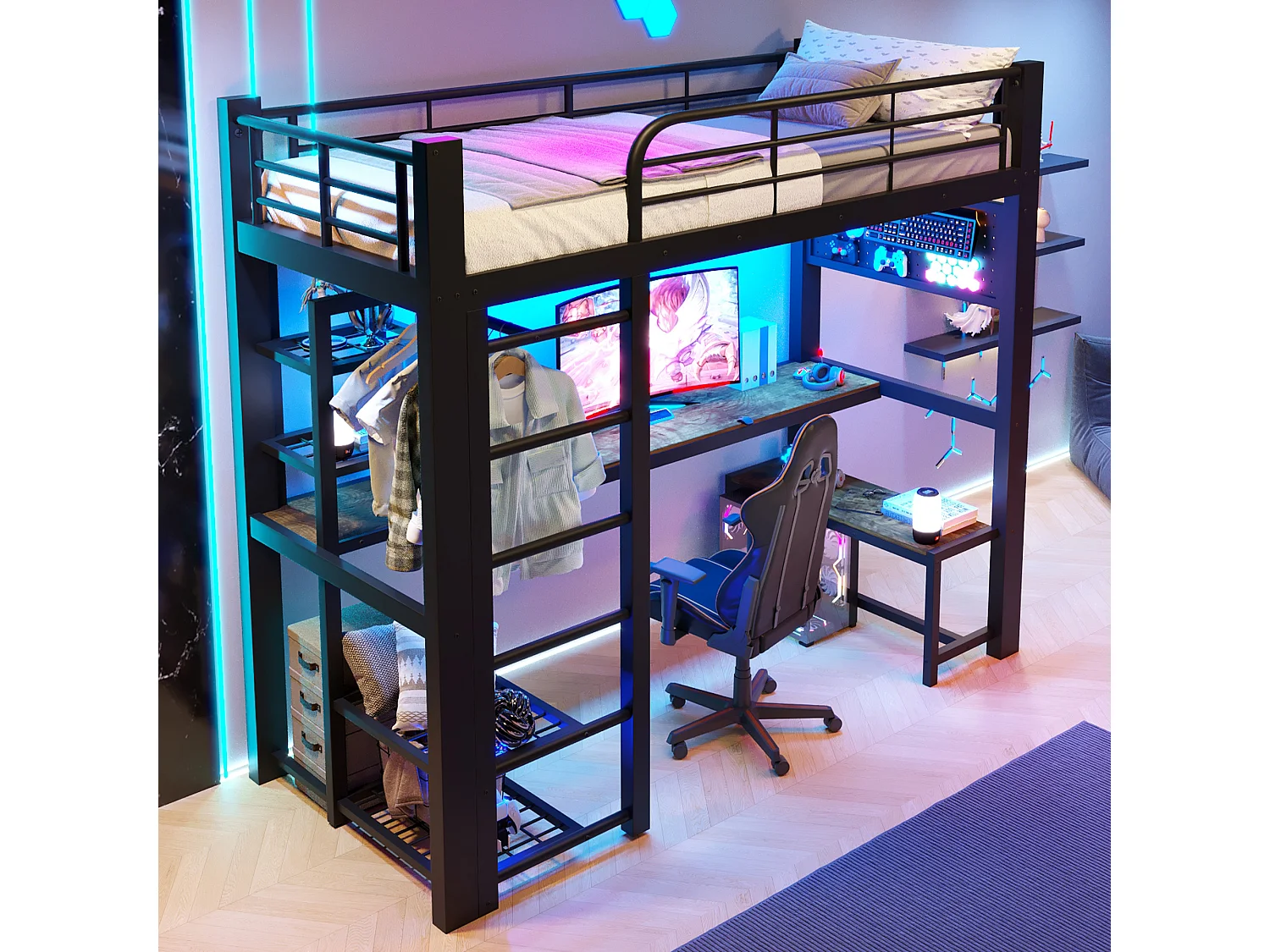 Gaming hoogslaper 90 x 200 cm met bureau, kledingkast, gereedschapsbord en ledverlichting - Metaal - Zwart (Matras niet inbegrepen)