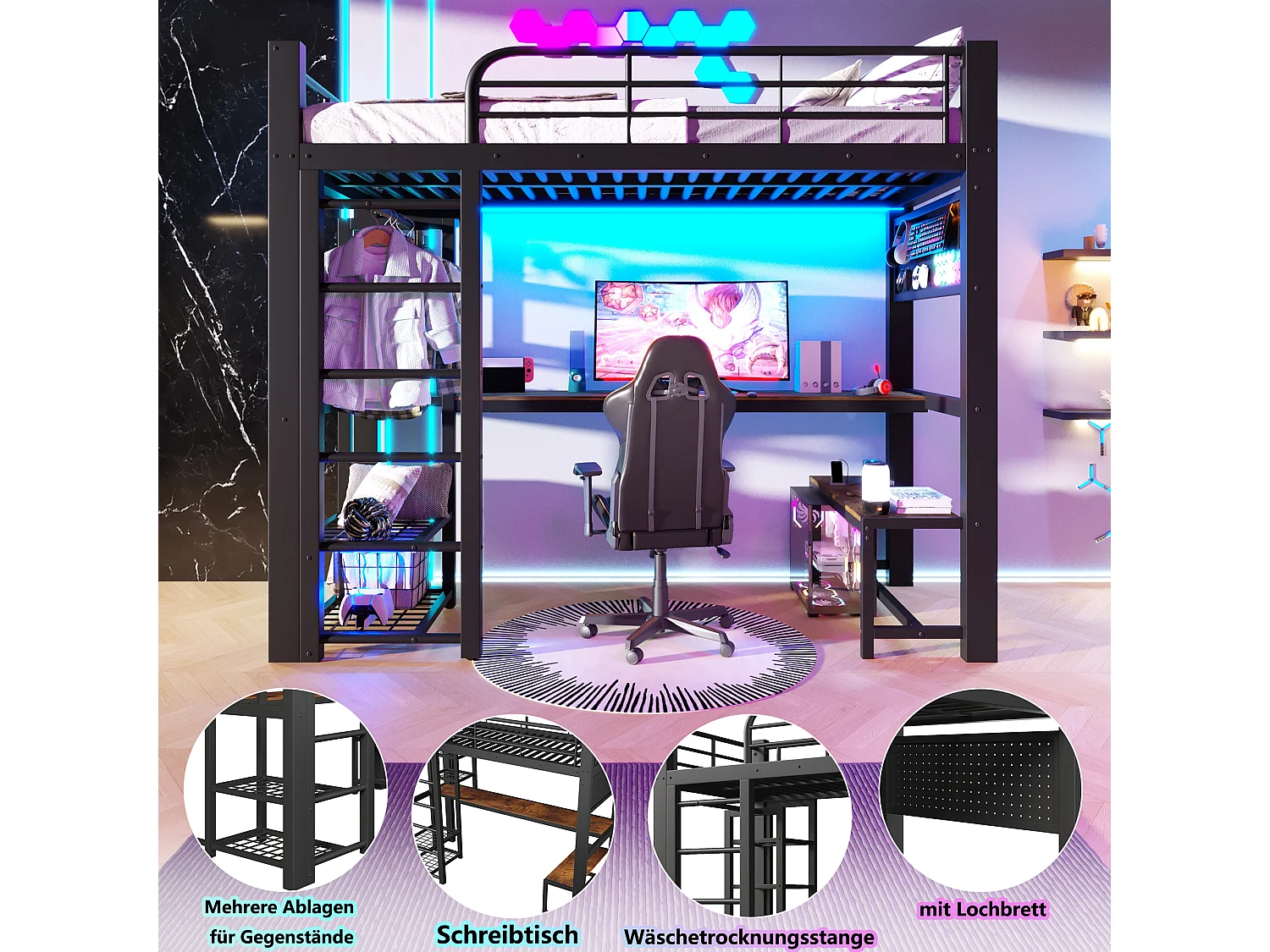 Gaming hoogslaper 90 x 200 cm met bureau, kledingkast, gereedschapsbord en ledverlichting - Metaal - Zwart (Matras niet inbegrepen)