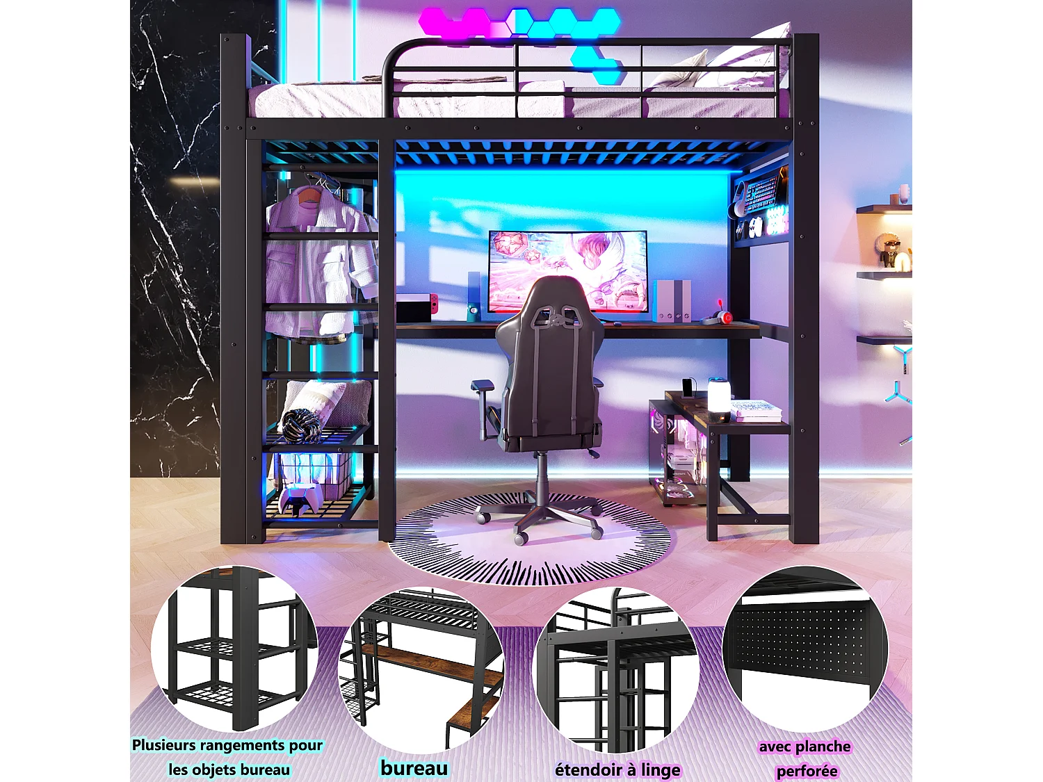 Gaming hoogslaper 90 x 200 cm met bureau, kledingkast, gereedschapsbord en ledverlichting - Metaal - Zwart (Matras niet inbegrepen)