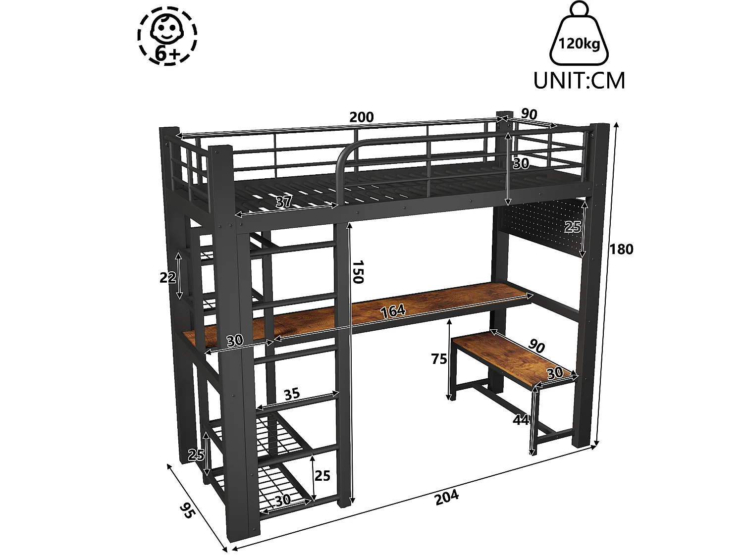 Gaming hoogslaper 90 x 200 cm met bureau, kledingkast, gereedschapsbord en ledverlichting - Metaal - Zwart (Matras niet inbegrepen)