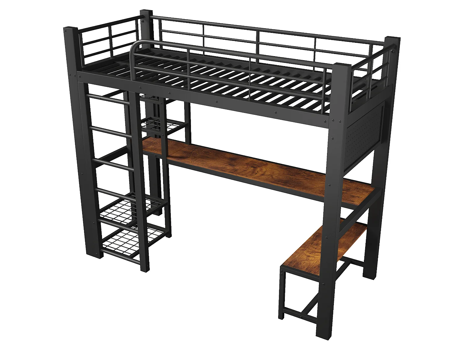 Gaming hoogslaper 90 x 200 cm met bureau, kledingkast, gereedschapsbord en ledverlichting - Metaal - Zwart (Matras niet inbegrepen)