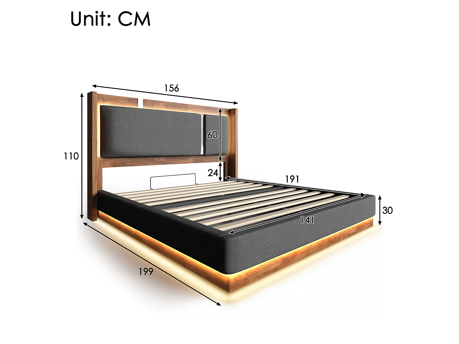 Lit coffre 140 x 190 cm avec LED RGB, rangement hydraulique, tête de lit capitonnée en lin et sommier à lattes - Gris (Sans matelas)