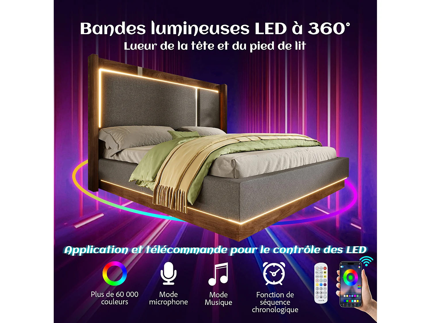 Lit coffre 140 x 190 cm avec LED RGB, rangement hydraulique, tête de lit capitonnée en lin et sommier à lattes - Gris (Sans matelas)