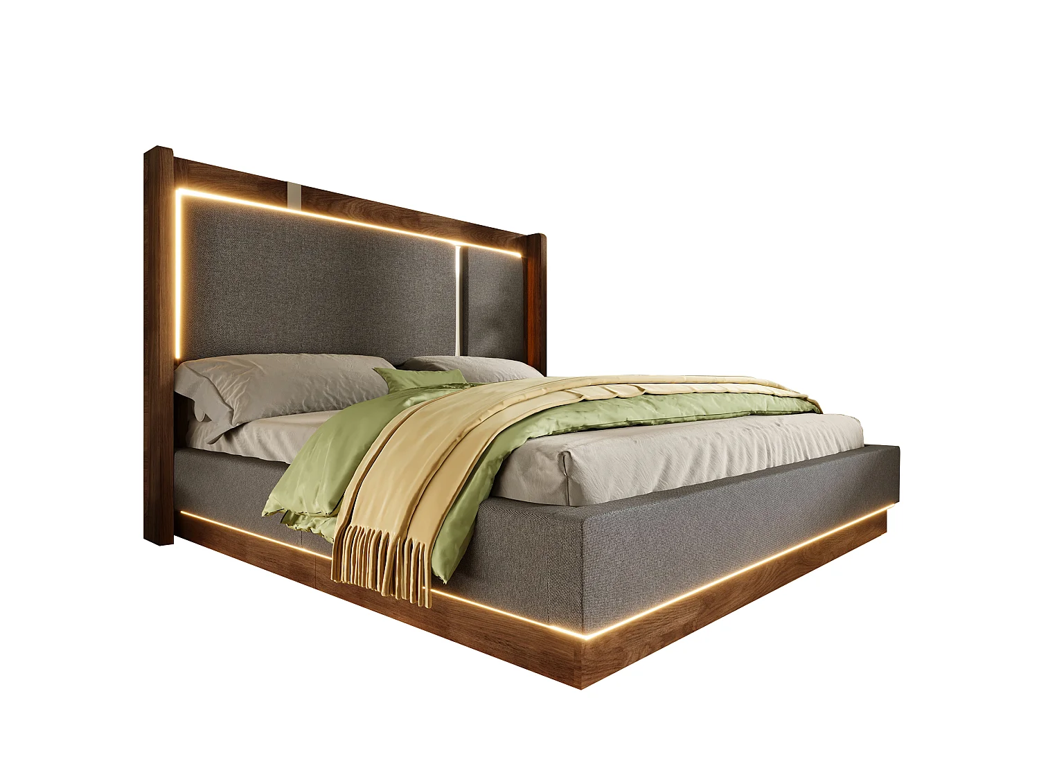 Lit coffre 140 x 190 cm avec LED RGB, rangement hydraulique, tête de lit capitonnée en lin et sommier à lattes - Gris (Sans matelas)