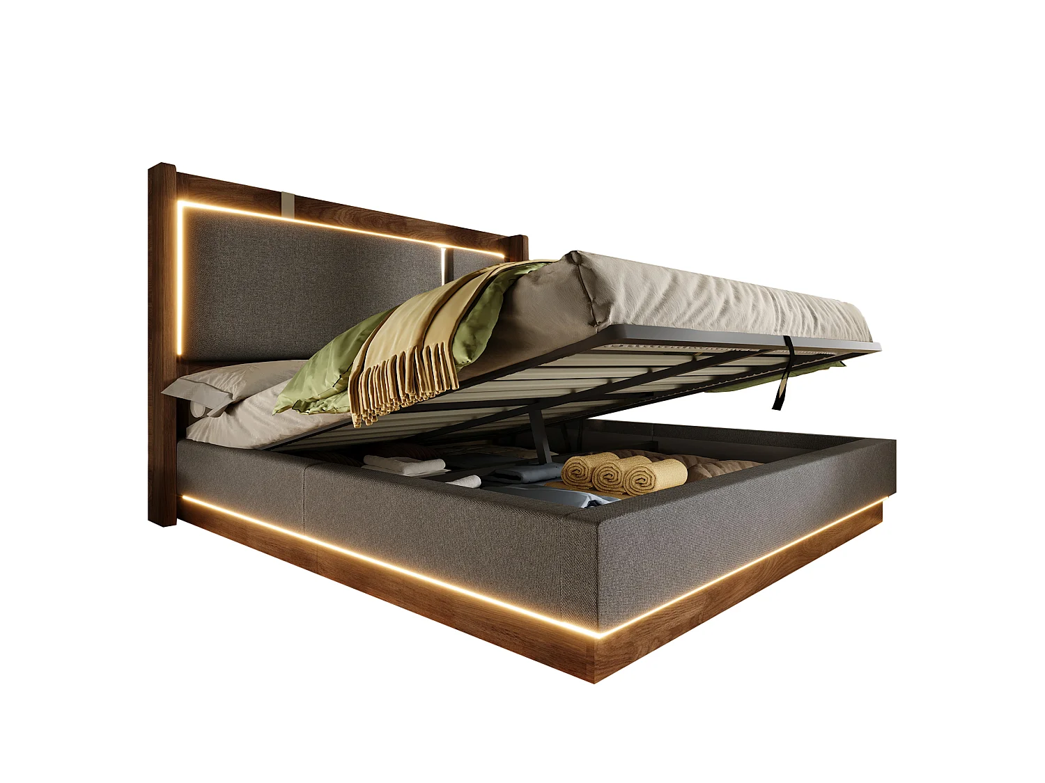 Lit coffre 140 x 190 cm avec LED RGB, rangement hydraulique, tête de lit capitonnée en lin et sommier à lattes - Gris (Sans matelas)
