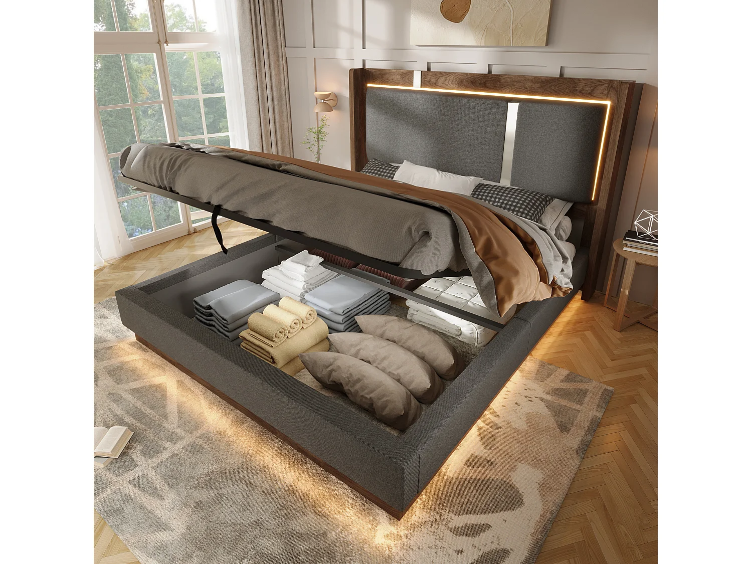 Lit coffre 140 x 190 cm avec LED RGB, rangement hydraulique, tête de lit capitonnée en lin et sommier à lattes - Gris (Sans matelas)