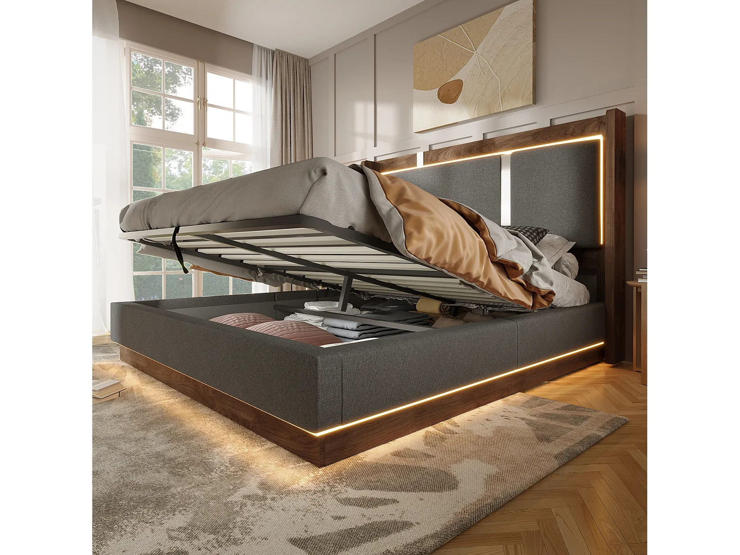 Lit coffre 140 x 190 cm avec LED RGB, rangement hydraulique, tête de lit capitonnée en lin et sommier à lattes - Gris (Sans matelas)