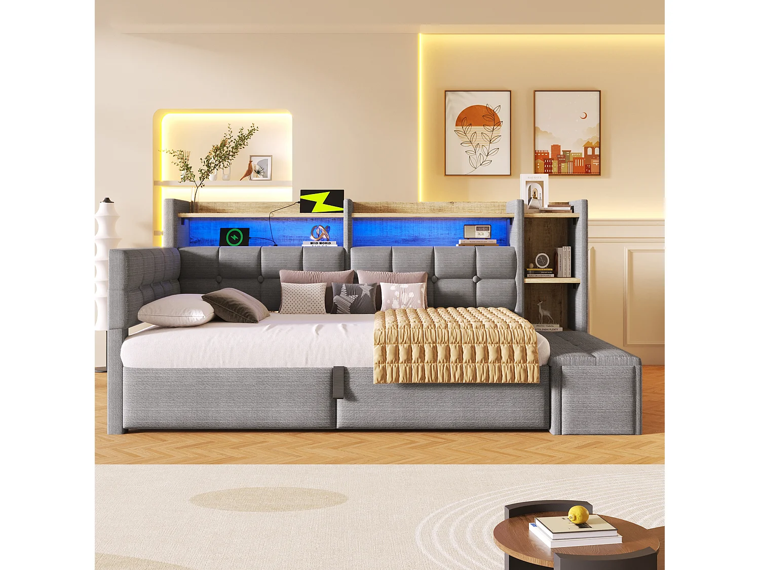 90 x 200 cm storage bed with compartment shelf, storage bench, LED, USB and Type-C - Velvet and MDF - Dark grey (Mattress not included)