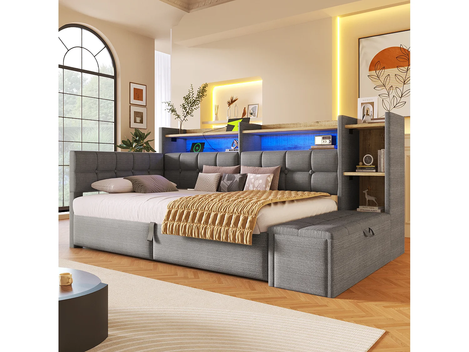 90 x 200 cm storage bed with compartment shelf, storage bench, LED, USB and Type-C - Velvet and MDF - Dark grey (Mattress not included)