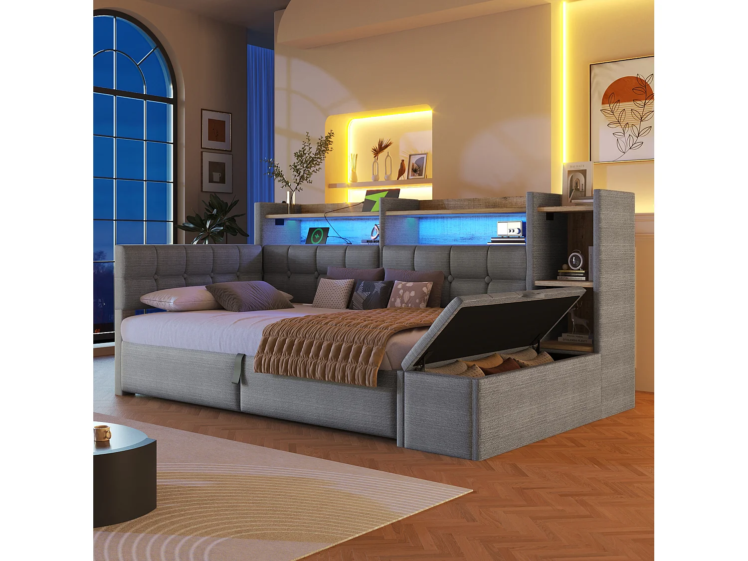 90 x 200 cm storage bed with compartment shelf, storage bench, LED, USB and Type-C - Velvet and MDF - Dark grey (Mattress not included)