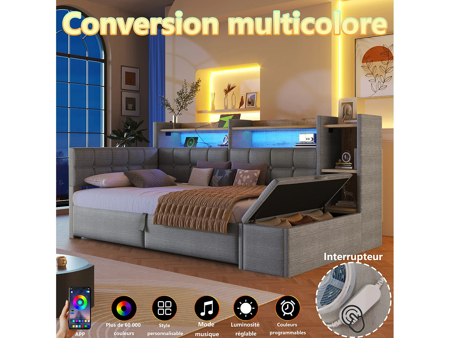 90 x 200 cm storage bed with compartment shelf, storage bench, LED, USB and Type-C - Velvet and MDF - Dark grey (Mattress not included)