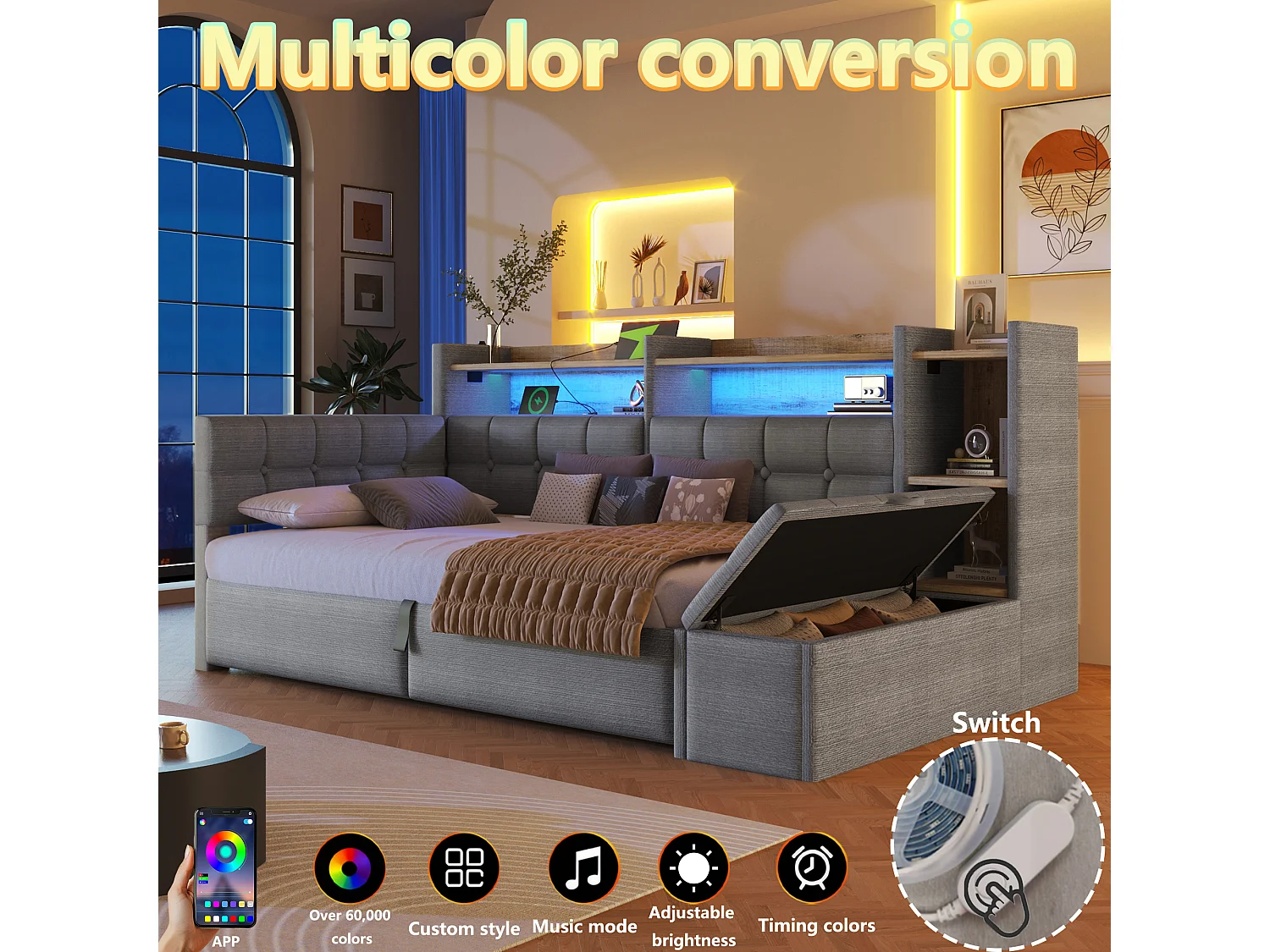 90 x 200 cm storage bed with compartment shelf, storage bench, LED, USB and Type-C - Velvet and MDF - Dark grey (Mattress not included)