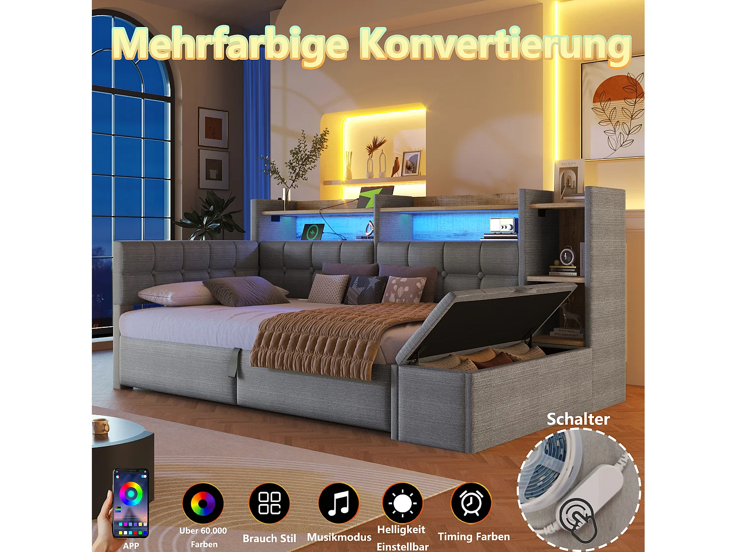 90 x 200 cm storage bed with compartment shelf, storage bench, LED, USB and Type-C - Velvet and MDF - Dark grey (Mattress not included)
