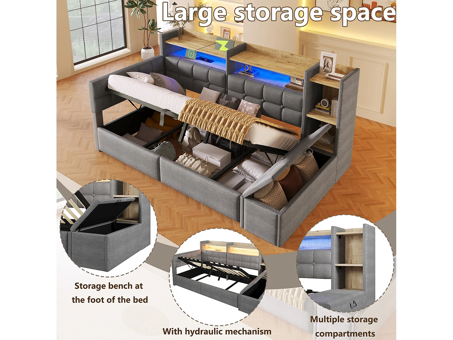 90 x 200 cm storage bed with compartment shelf, storage bench, LED, USB and Type-C - Velvet and MDF - Dark grey (Mattress not included)