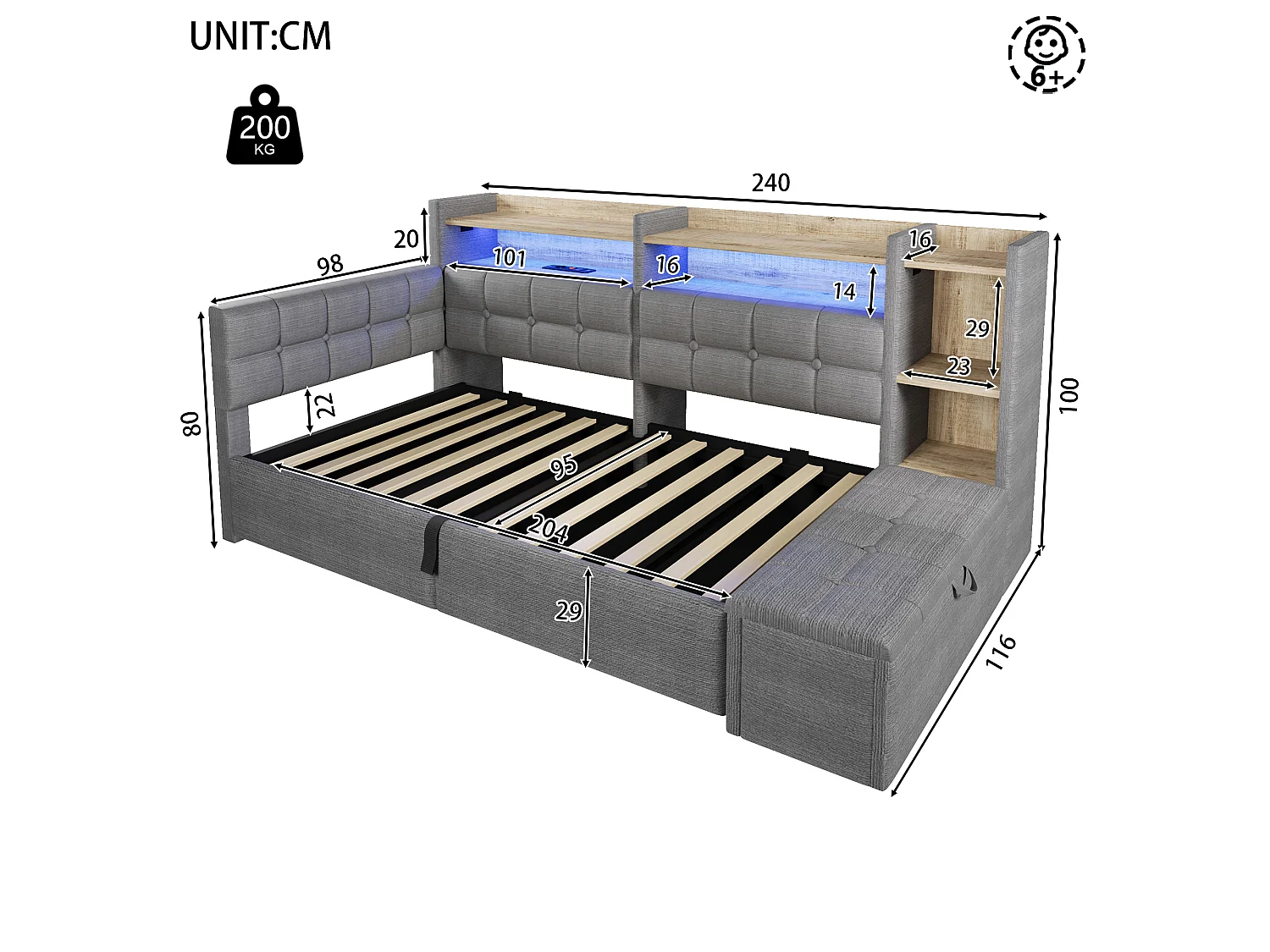 90 x 200 cm storage bed with compartment shelf, storage bench, LED, USB and Type-C - Velvet and MDF - Dark grey (Mattress not included)