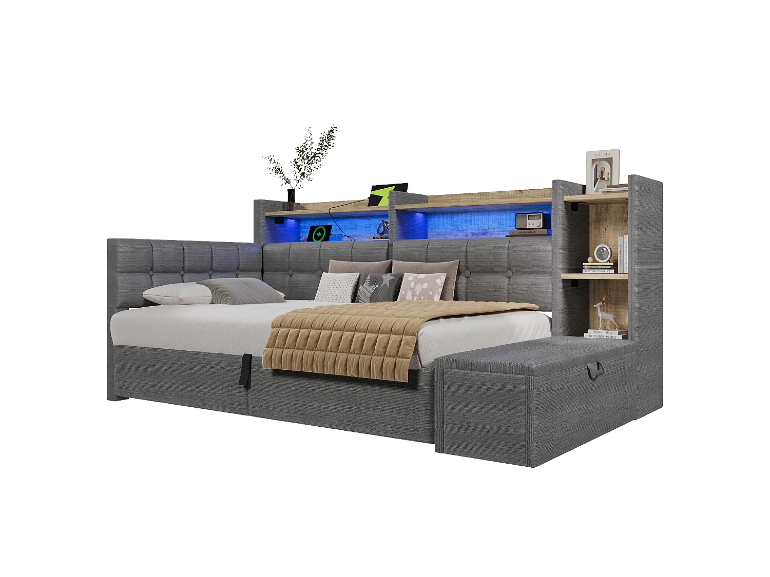 90 x 200 cm storage bed with compartment shelf, storage bench, LED, USB and Type-C - Velvet and MDF - Dark grey (Mattress not included)