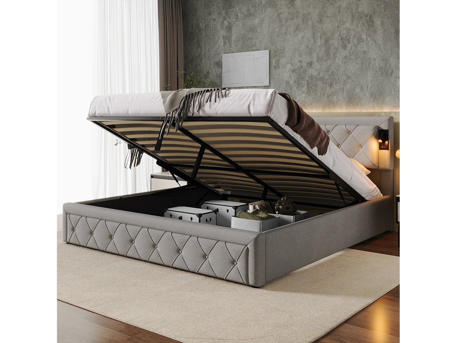 Lit coffre 180 x 200 cm tête de lit - Lampes lecture + prise USB - Tissu en lin - Motif rayures losanges - Gris (sans matelas)