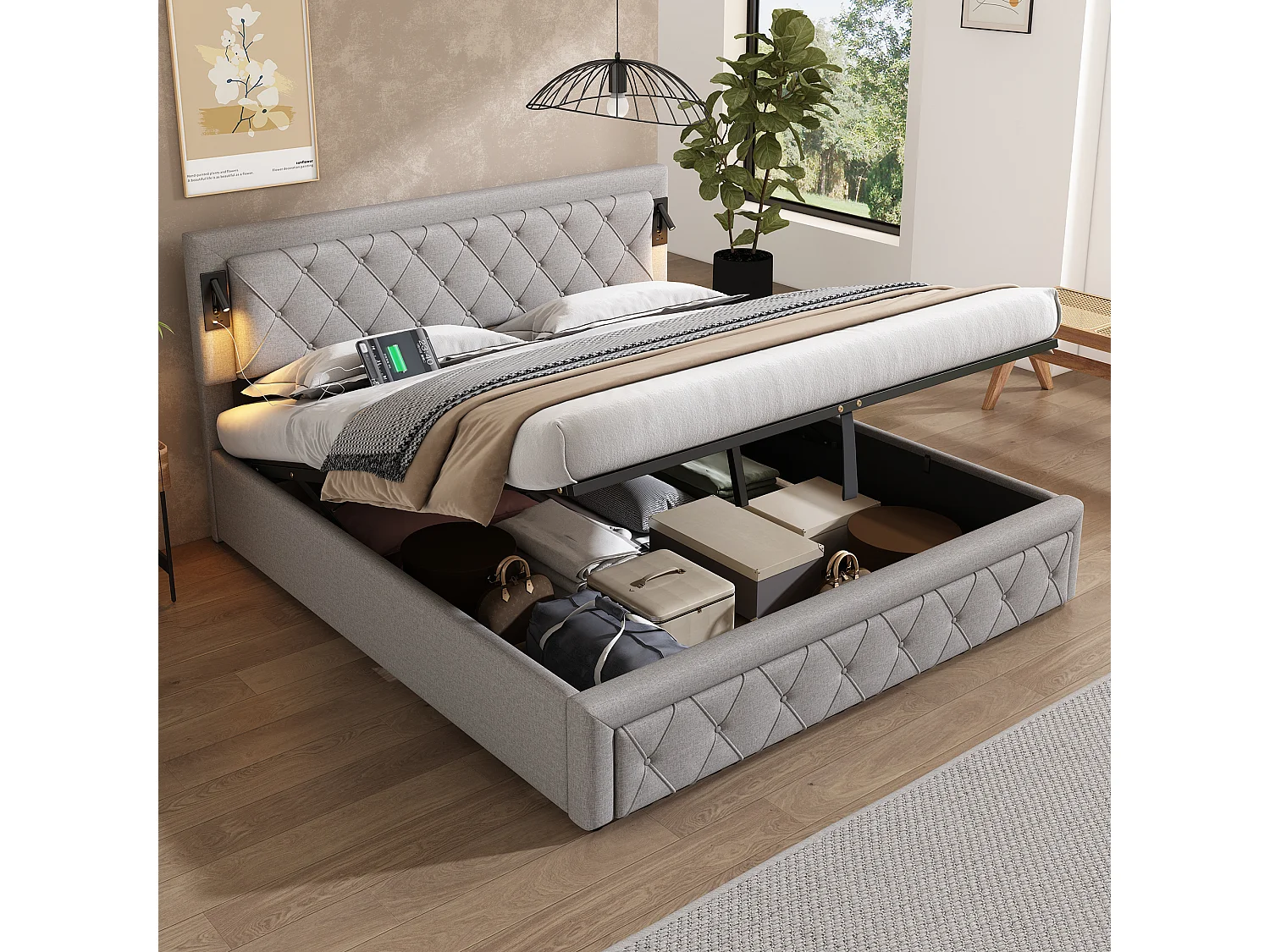Lit coffre 180 x 200 cm tête de lit - Lampes lecture + prise USB - Tissu en lin - Motif rayures losanges - Gris (sans matelas)