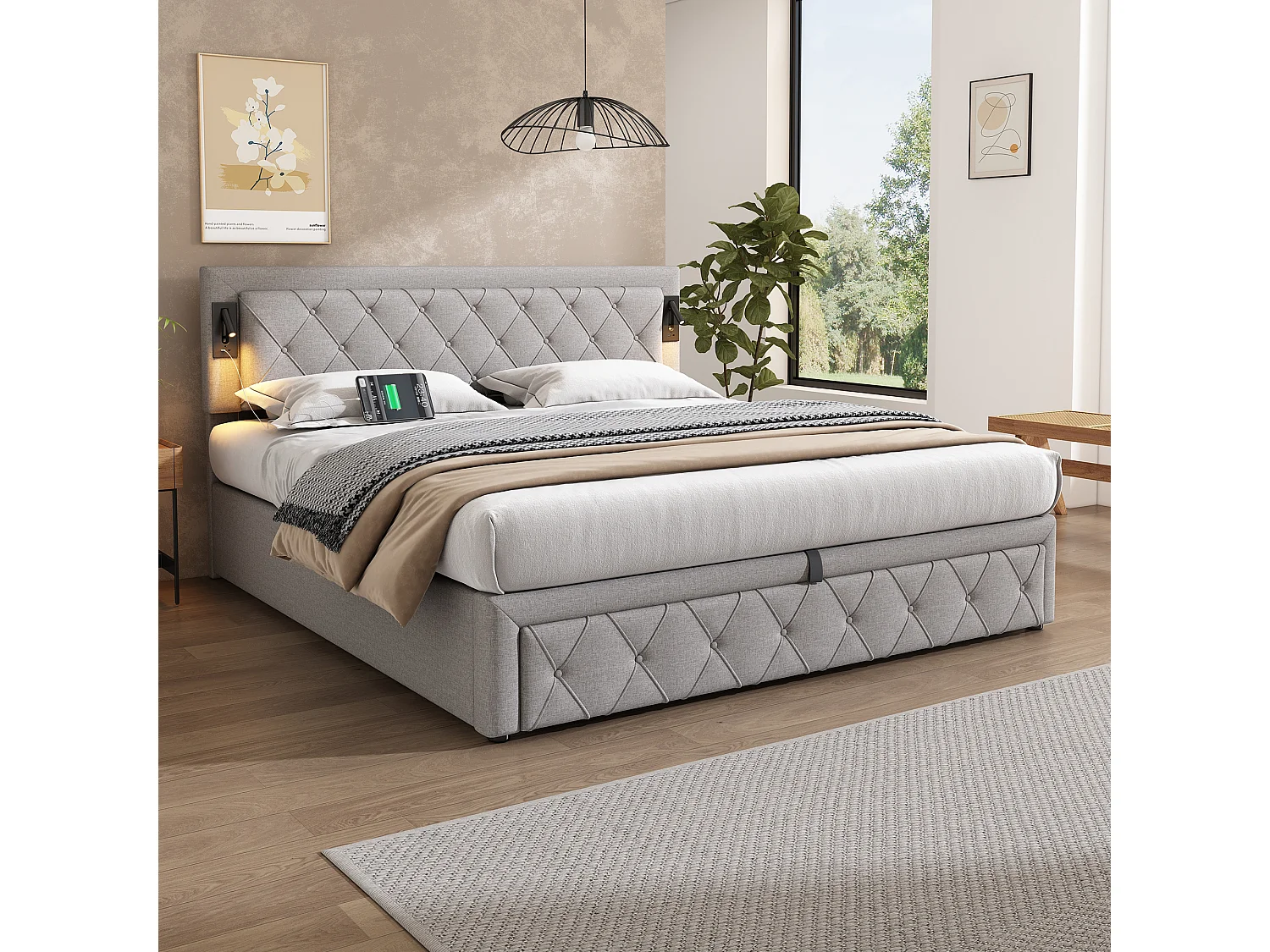 Lit coffre 180 x 200 cm tête de lit - Lampes lecture + prise USB - Tissu en lin - Motif rayures losanges - Gris (sans matelas)