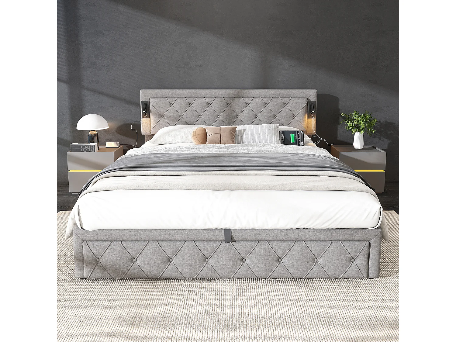 Lit coffre 180 x 200 cm tête de lit - Lampes lecture + prise USB - Tissu en lin - Motif rayures losanges - Gris (sans matelas)