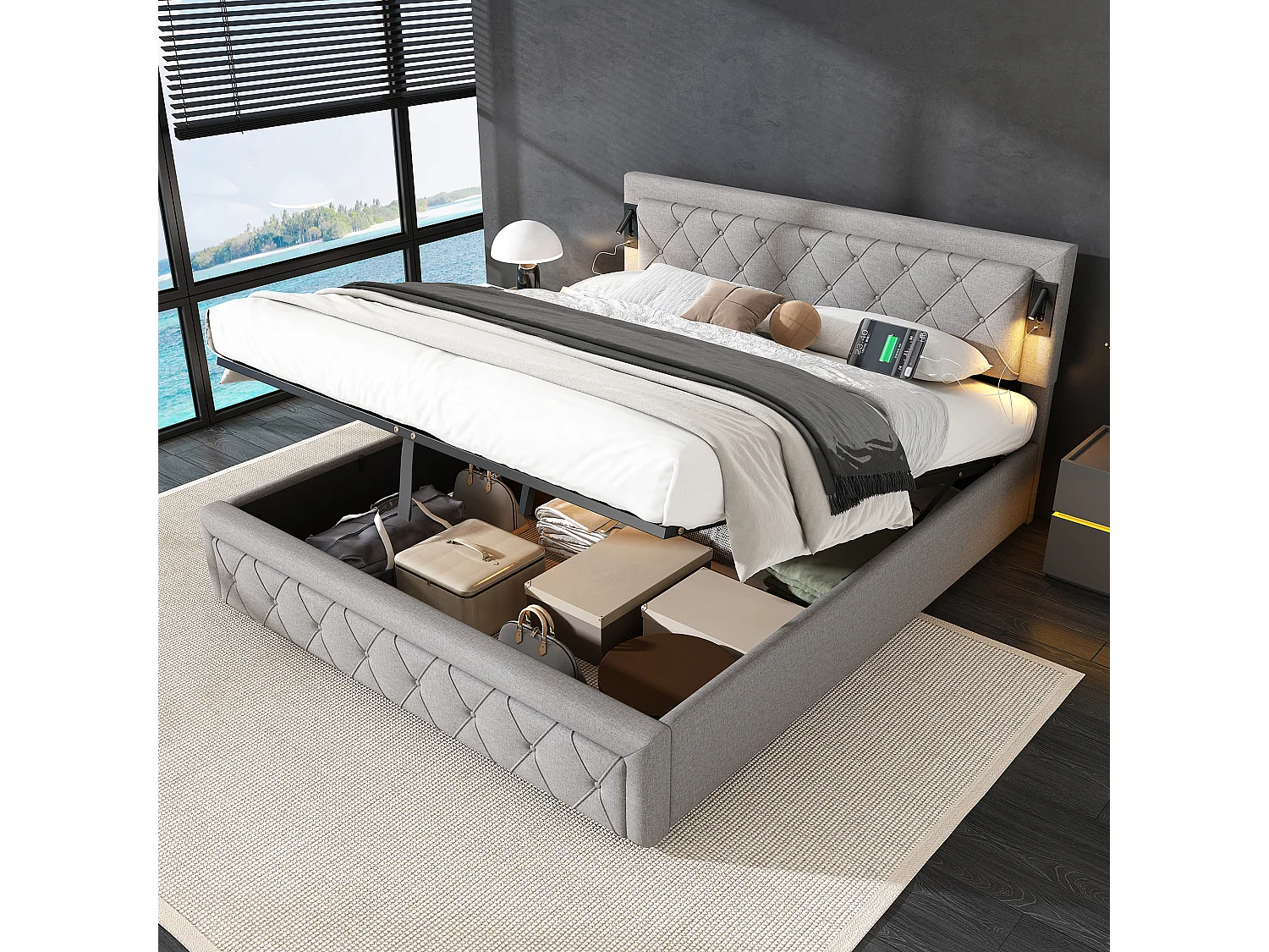 Lit coffre 180 x 200 cm tête de lit - Lampes lecture + prise USB - Tissu en lin - Motif rayures losanges - Gris (sans matelas)