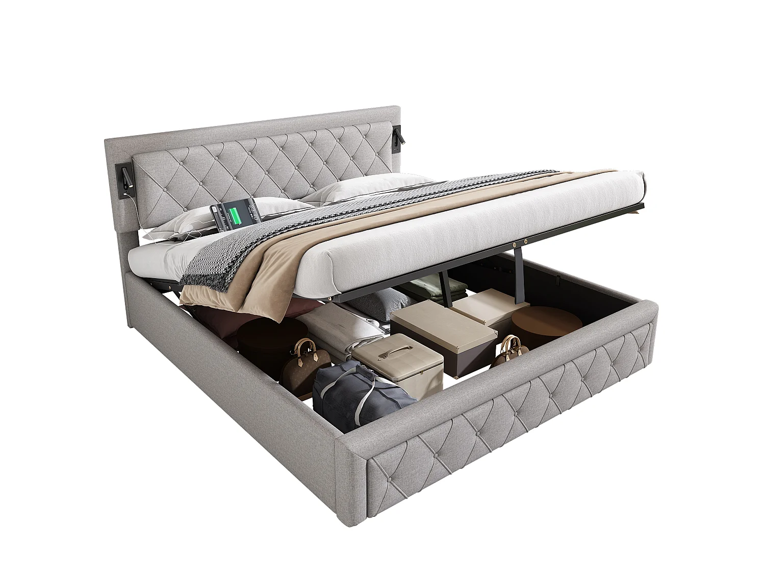 Lit coffre 180 x 200 cm tête de lit - Lampes lecture + prise USB - Tissu en lin - Motif rayures losanges - Gris (sans matelas)