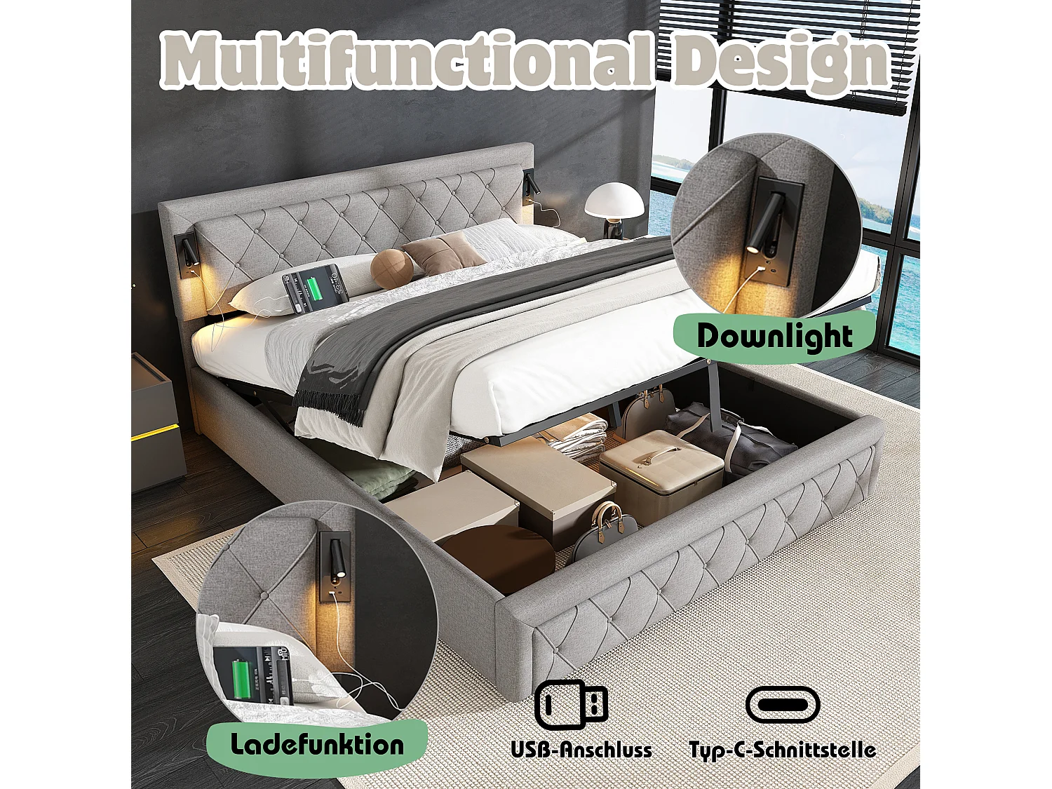 Lit coffre 180 x 200 cm tête de lit - Lampes lecture + prise USB - Tissu en lin - Motif rayures losanges - Gris (sans matelas)