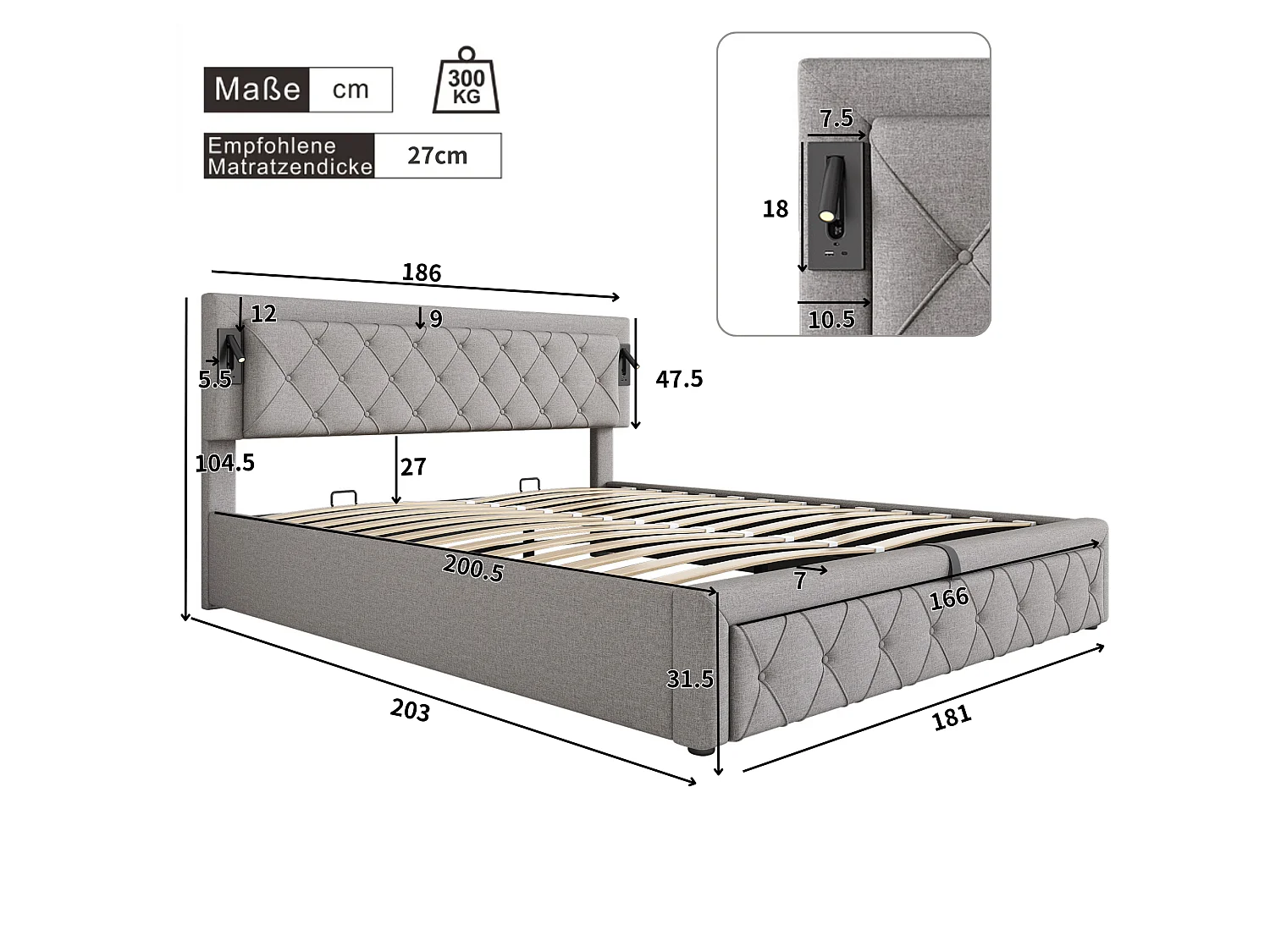 Lit coffre 180 x 200 cm tête de lit - Lampes lecture + prise USB - Tissu en lin - Motif rayures losanges - Gris (sans matelas)