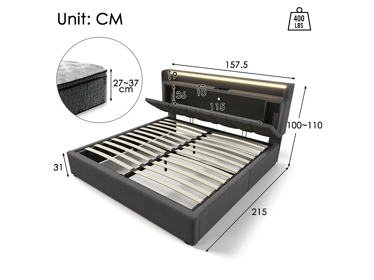 140 x 200 cm linen storage bed with hydraulic storage, headboard with USB-C ports, RGBW LED lighting and shelf - Grey (Mattress not included)
