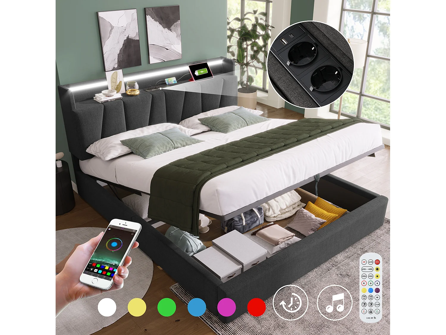 140 x 200 cm linen storage bed with hydraulic storage, headboard with USB-C ports, RGBW LED lighting and shelf - Grey (Mattress not included)