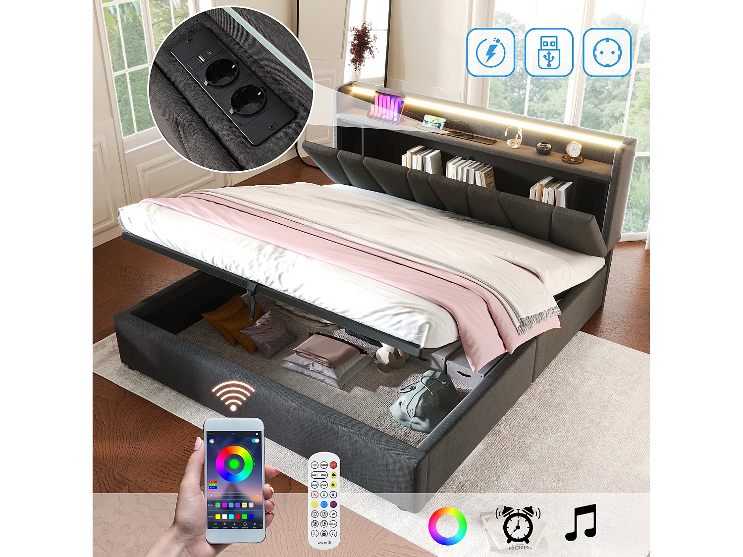 140 x 200 cm linen storage bed with hydraulic storage, headboard with USB-C ports, RGBW LED lighting and shelf - Grey (Mattress not included)