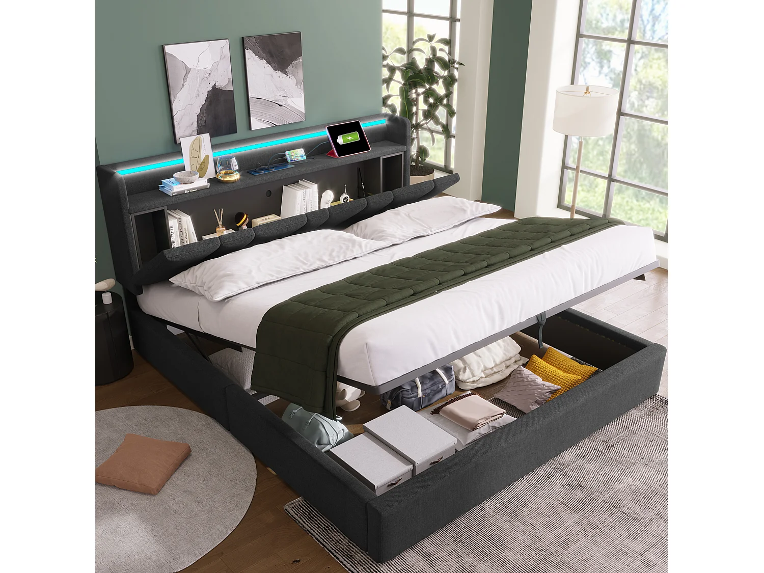 140 x 200 cm linen storage bed with hydraulic storage, headboard with USB-C ports, RGBW LED lighting and shelf - Grey (Mattress not included)