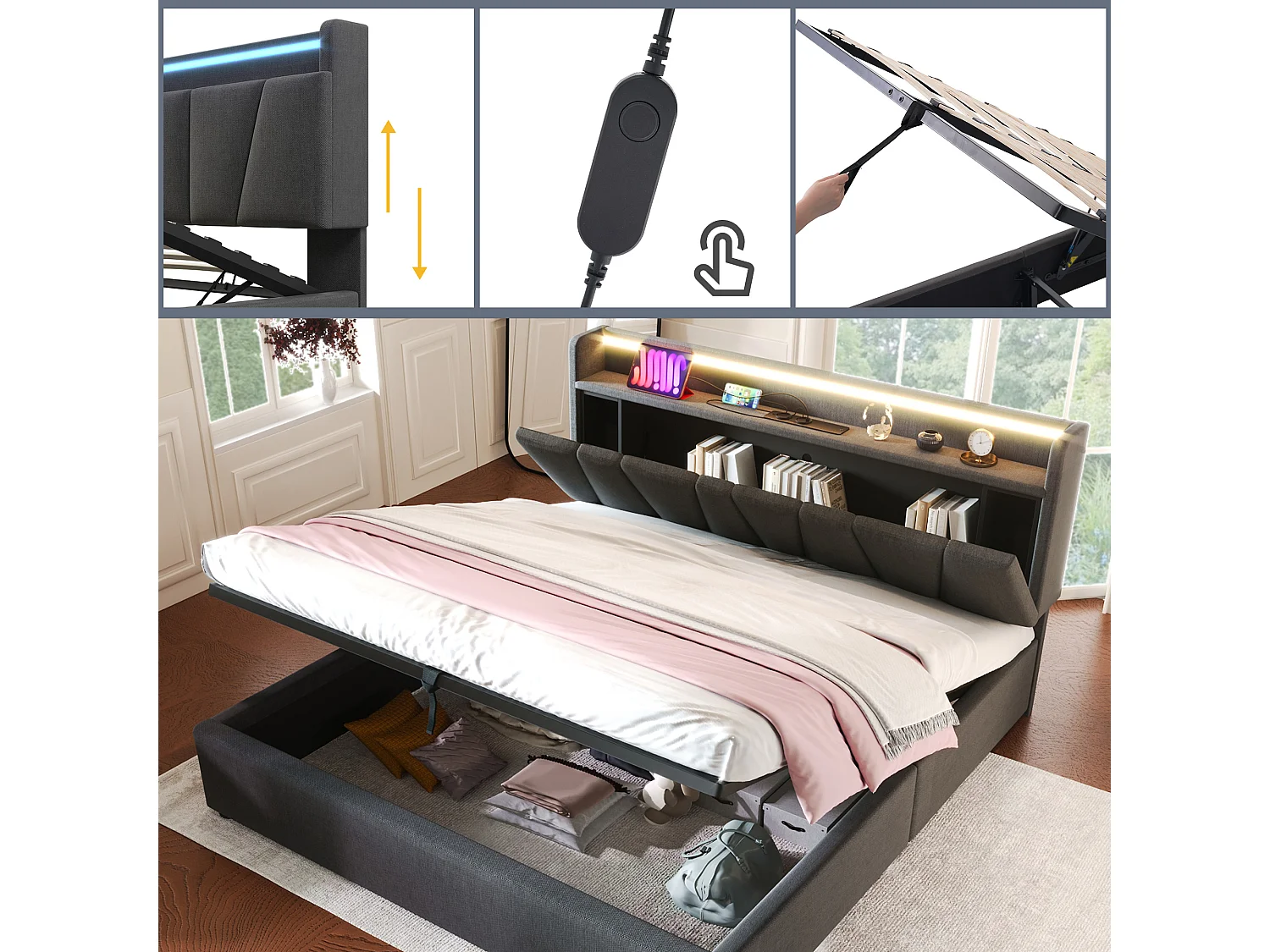 140 x 200 cm linen storage bed with hydraulic storage, headboard with USB-C ports, RGBW LED lighting and shelf - Grey (Mattress not included)