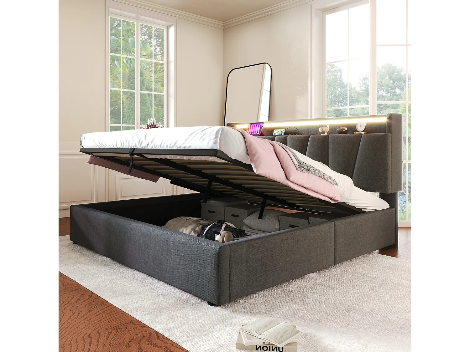 140 x 200 cm linen storage bed with hydraulic storage, headboard with USB-C ports, RGBW LED lighting and shelf - Grey (Mattress not included)