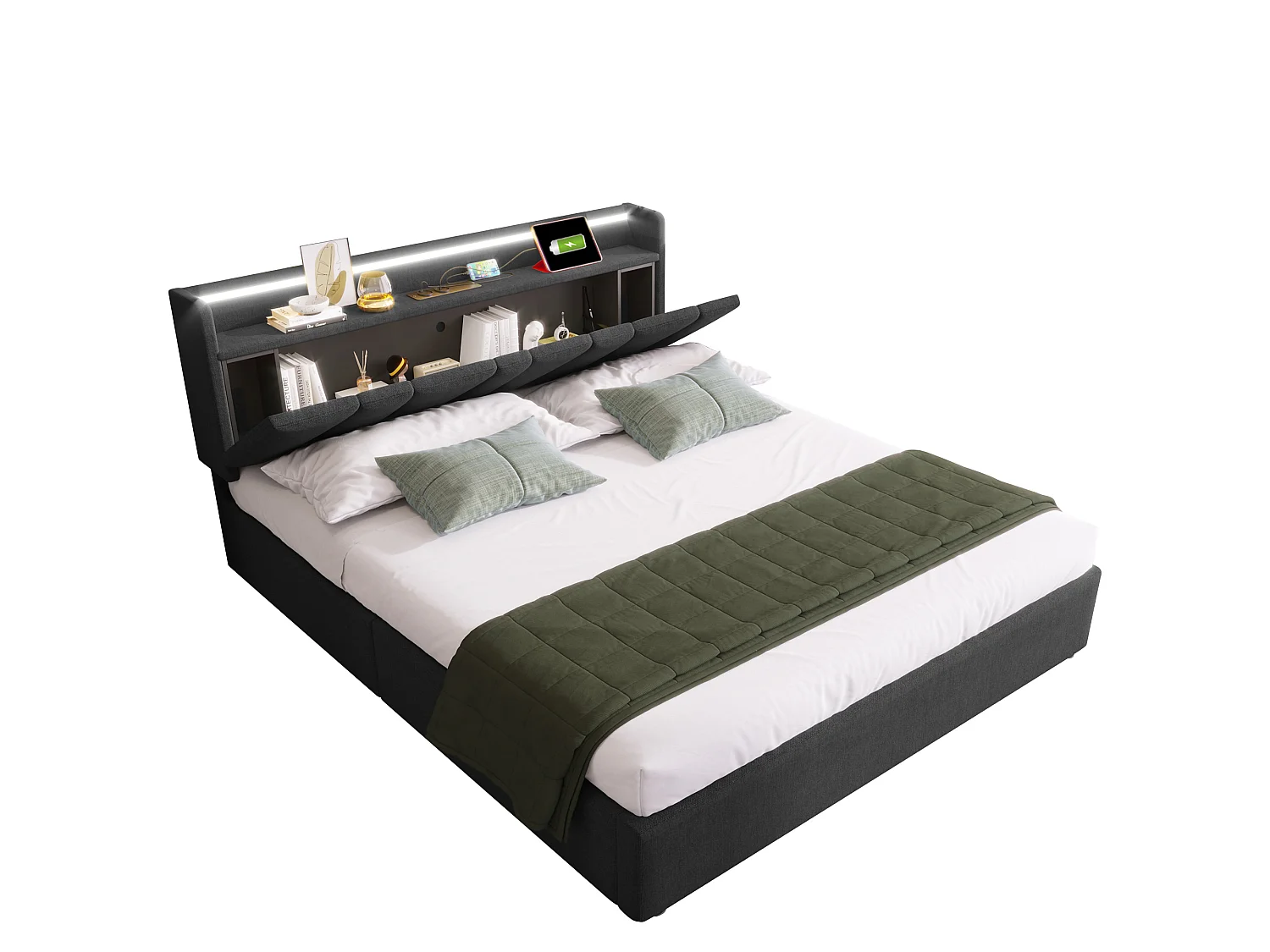 140 x 200 cm linen storage bed with hydraulic storage, headboard with USB-C ports, RGBW LED lighting and shelf - Grey (Mattress not included)