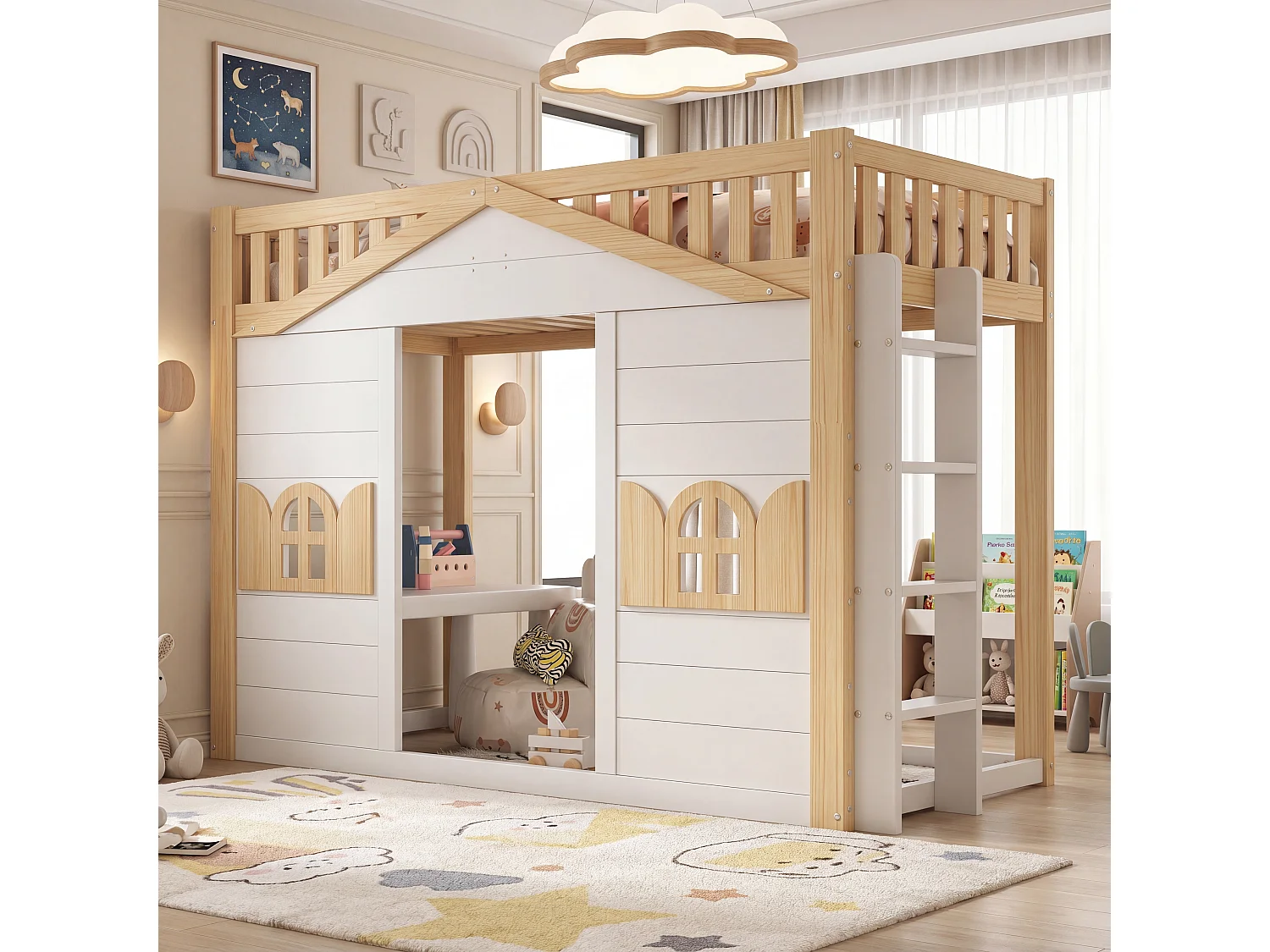Hochbett (90 x 200 cm) in Hüttenform mit Fenster – Wendeleiter – Kiefernholz + MDF – Weiß und Natur (Matratze nicht im Lieferumfang enthalten)