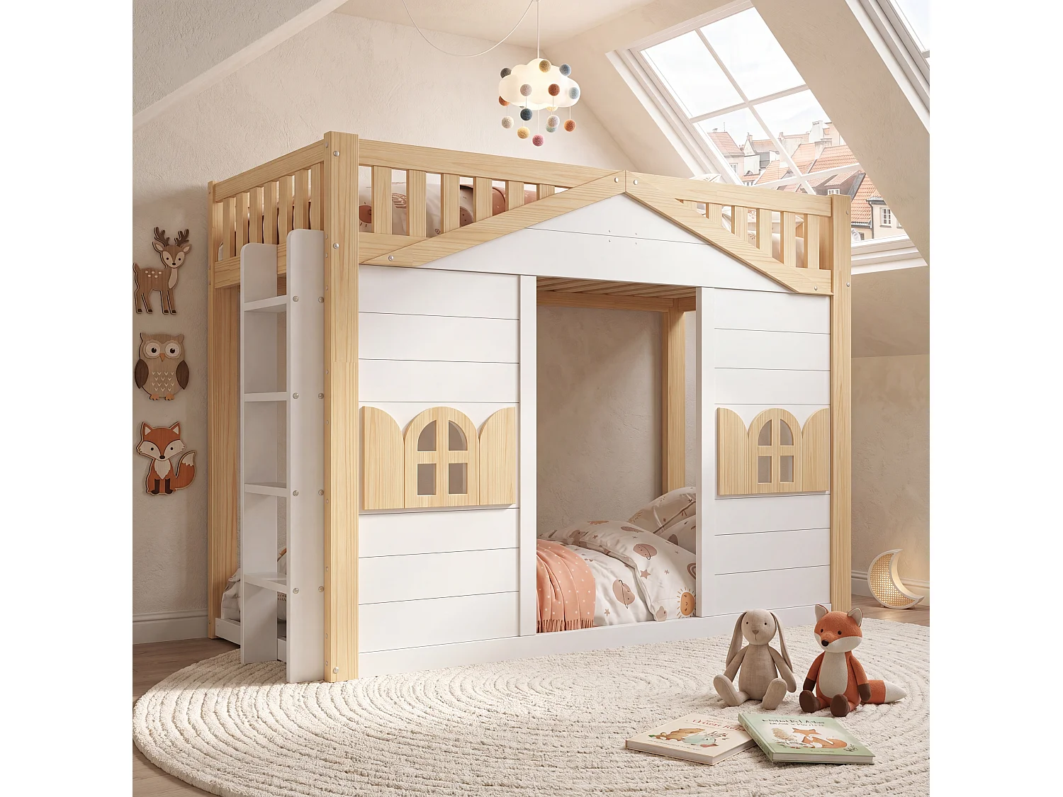Hochbett (90 x 200 cm) in Hüttenform mit Fenster – Wendeleiter – Kiefernholz + MDF – Weiß und Natur (Matratze nicht im Lieferumfang enthalten)