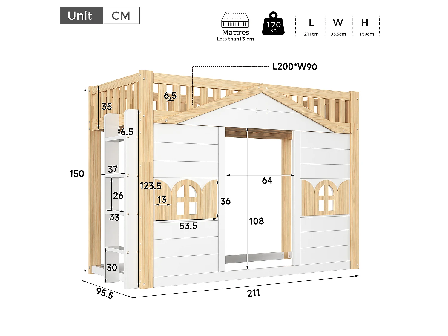 Hochbett (90 x 200 cm) in Hüttenform mit Fenster – Wendeleiter – Kiefernholz + MDF – Weiß und Natur (Matratze nicht im Lieferumfang enthalten)