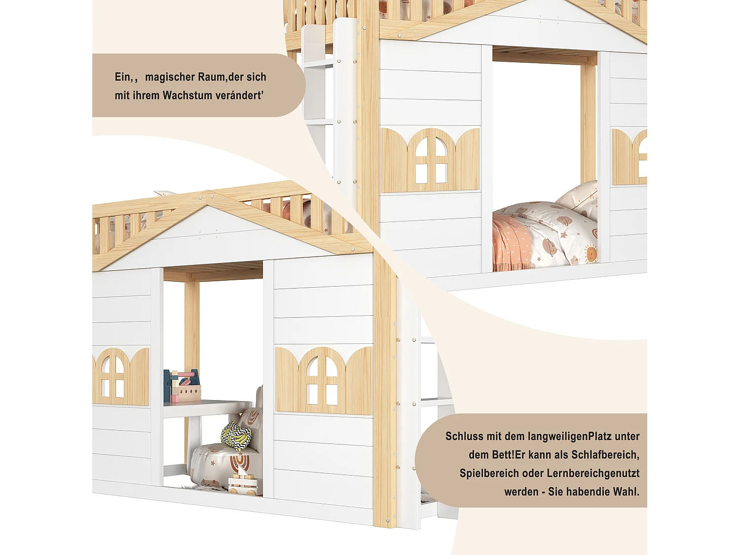 Hochbett (90 x 200 cm) in Hüttenform mit Fenster – Wendeleiter – Kiefernholz + MDF – Weiß und Natur (Matratze nicht im Lieferumfang enthalten)