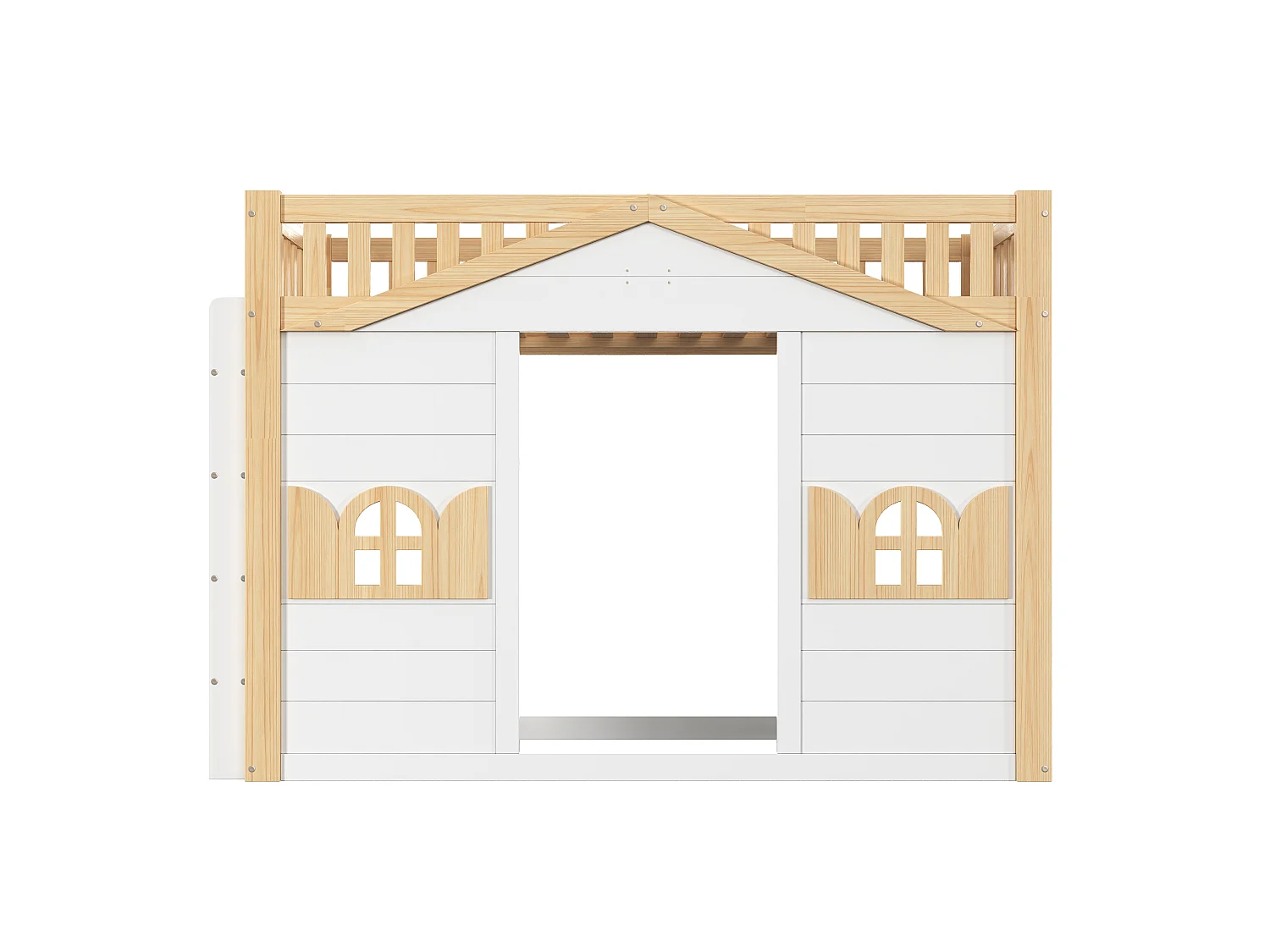 Hochbett (90 x 200 cm) in Hüttenform mit Fenster – Wendeleiter – Kiefernholz + MDF – Weiß und Natur (Matratze nicht im Lieferumfang enthalten)